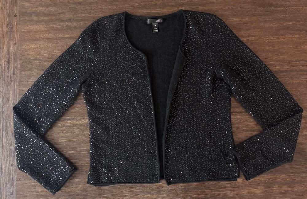 Aqua 100% Cashmere Cardigan Sweater Womens Medium Sequin Embellished Black